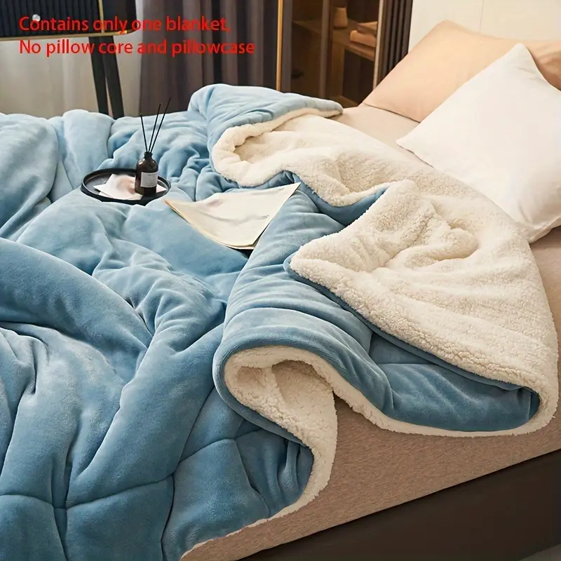 ~/1pc Light Blue Double Layer Blanket Milk Fleece Lamb Fleece Crimping Blanket